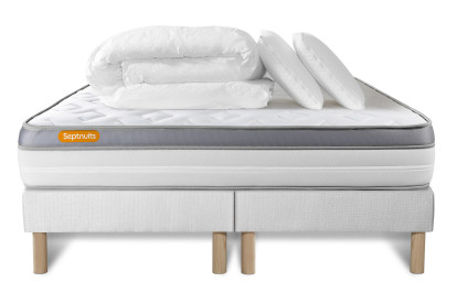Pack lit complet 160x200 cm - Matelas + 2 Sommiers Blancs + 2 oreillers + Couette - Memo Zen