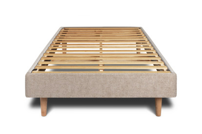 Lit 90x190 cm - Sommier à lattes H29 cm + tête de lit capitonnée - Tissu Toile natté Beige Brun