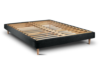 Lit 150x190 cm - Sommier à lattes H29 cm + tête de lit tapissée - Tissu Bouclette Noir