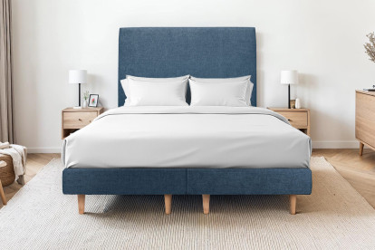 Lit 2x 90x200 cm - Sommier tapissier H29 cm + tête de lit tapissée - Tissu Toile natté Bleu Océan