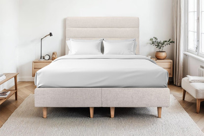Lit 2x 90x200 cm - Sommier tapissier H35 cm + tête de lit à lignes - Tissu Toile natté Beige Clair