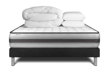 Pack lit complet 200x200 cm - Matelas + Sommier Noir (en kit) + 2 oreillers + Couette - Vitalpower Recover