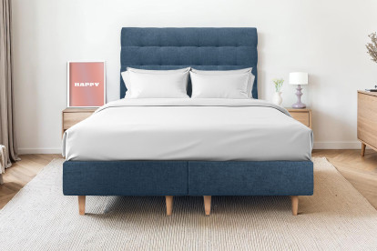 Lit 2x 80x200 cm - Sommier tapissier H35 cm + tête de lit capitonnée - Tissu Toile natté Bleu Océan