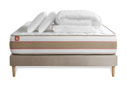 Pack lit complet 140x190 cm - Matelas + Sommier Beige (en kit) + 2 oreillers + Couette - Le Délicat