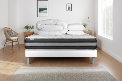 Pack lit complet 200x200 cm - Matelas + Sommier Blanc (en kit) + 2 oreillers + Couette - Vitalspring Zen
