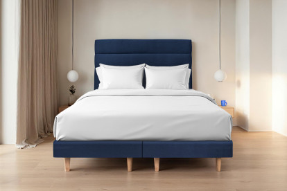 Lit 2x 90x200 cm - Sommier tapissier H29 cm + tête de lit à lignes - Tissu Velours Bleu Océan