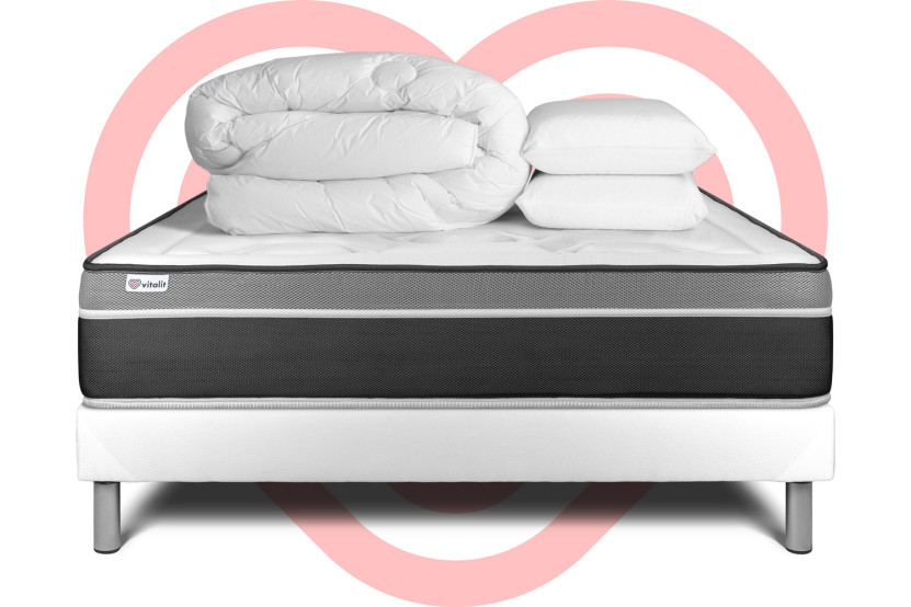 Pack lit complet 140x190 cm - Matelas + Sommier Blanc (en kit) + 2 oreillers + Couette - Vital Care