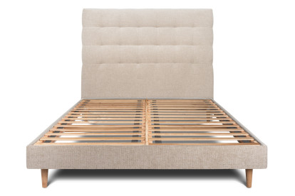 Lit 135x190 cm - Sommier à lattes H29 cm + tête de lit capitonnée - Tissu Toile natté Beige Brun