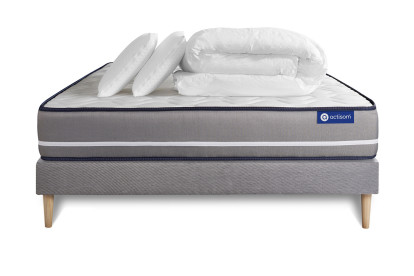 Pack lit complet 140x200 cm - Matelas + Sommier Gris (en kit) + 2 oreillers + Couette - Actimemo Pur