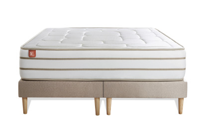 Pack lit complet 160x200 cm - Matelas + 2 Sommiers Beiges + 2 oreillers + Couette - Le Douillet