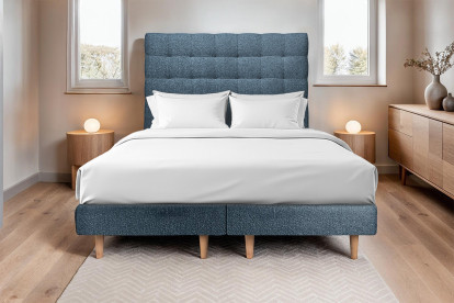 Lit 2x 80x200 cm - Sommier tapissier H29 cm + tête de lit tapissée - Tissu Bouclette Bleu
