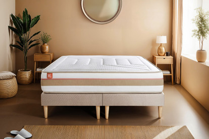 Pack lit complet 200x200 cm - Matelas + 2 Sommiers Beiges + 2 oreillers + Couette - Le Tendre