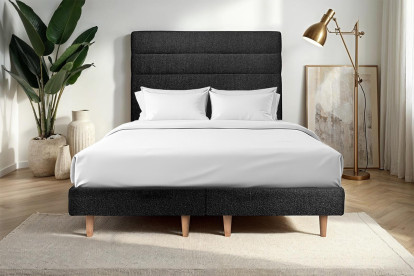 Lit 2x 100x200 cm - Sommier tapissier H29 cm + tête de lit à lignes - Tissu Bouclette Noir