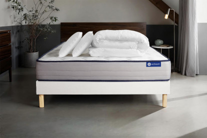 Pack lit complet 180x200 cm - Matelas + Sommier Blanc (en kit) + 2 oreillers + Couette - Actiflex Form