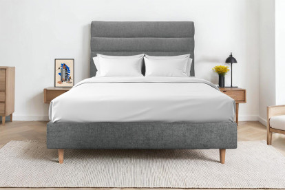 Lit 135x190 cm - Sommier tapissier H35 cm + tête de lit à lignes - Tissu Toile natté Gris Anthracite