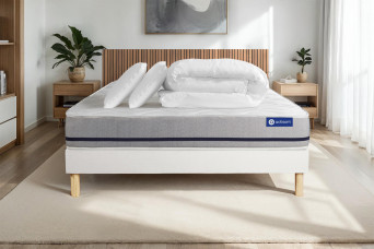 Pack lit complet 140x190 cm - Matelas + Sommier Blanc (en kit) + 2 oreillers + Couette - Actimemo Soft