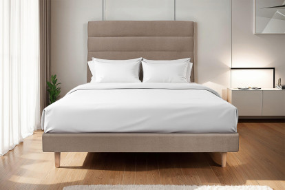 Lit 160x200 cm - Sommier tapissier H29 cm + tête de lit à lignes - Tissu Velours Taupe