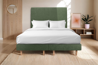Lit 2x 100x200 cm - Sommier tapissier H29 cm + tête de lit tapissée - Tissu Toile natté Vert Kaki