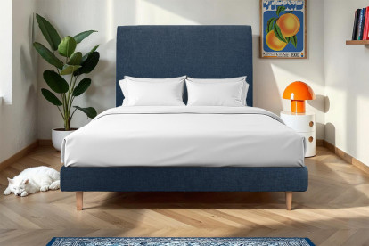 Lit 150x200 cm - Sommier à lattes H29 cm + tête de lit tapissée - Tissu Toile natté Bleu Océan