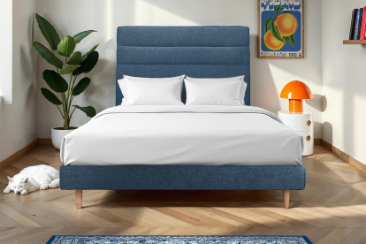 Lit 135x190 cm - Sommier à lattes H29 cm + tête de lit à lignes - Tissu Toile natté Bleu Océan