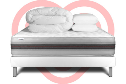 Pack lit complet 160x200 cm - Matelas + Sommier Blanc (en kit) + 2 oreillers + Couette - Vitalmemo Back