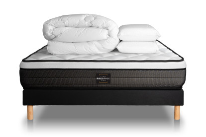 Pack lit complet 180x200 cm - Matelas + Sommier Noir (en kit) + 2 oreillers + Couette - Suite
