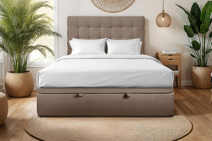 Lit coffre 140x190 cm avec Tête de lit capitonnée - Tissu Velours Taupe