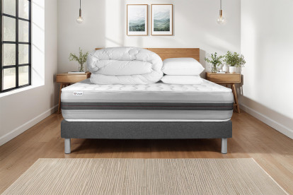 Pack lit complet 140x200 cm - Matelas + Sommier Gris (en kit) + 2 oreillers + Couette - Vitalspring Recover