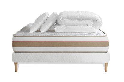 Pack lit complet 140x190 cm - Matelas + Sommier Blanc (en kit) + 2 oreillers + Couette - Le Tendre