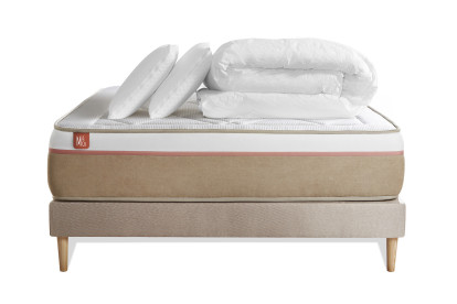 Pack lit complet 160x200 cm - Matelas + Sommier Beige (en kit) + 2 oreillers + Couette - Le Soyeux