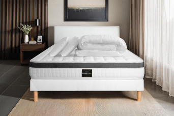 Pack lit complet 140x200 cm - Matelas + Sommier Blanc + 2 oreillers + Couette - Supérieur