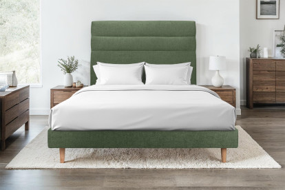 Lit 140x200 cm - Sommier tapissier H29 cm + tête de lit à lignes - Tissu Toile natté Vert Kaki