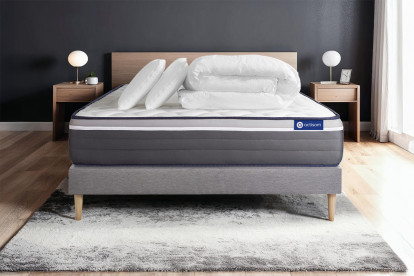 Pack lit complet 160x200 cm - Matelas + Sommier Gris (en kit) + 2 oreillers + Couette - Actiflex Plus