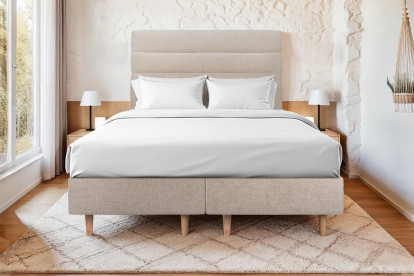 Lit 2x 100x200 cm - Sommier tapissier H35 cm + tête de lit à lignes - Tissu Toile natté Beige Brun