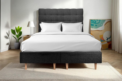 Lit 2x 100x200 cm - Sommier tapissier H35 cm + tête de lit capitonnée - Tissu Bouclette Noir