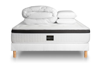 Pack lit complet 200x200 cm - Matelas + Sommier Blanc (en kit) + 2 oreillers + Couette - Privilège Pack lit complet 200x200 cm - Matelas + Sommier Blanc (en kit) + 2 oreillers + Couette - Privilège