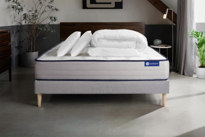 Pack lit complet 180x200 cm - Matelas + Sommier Gris (en kit) + 2 oreillers + Couette - Actilatex Form