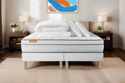 Pack lit complet 180x200 cm - Matelas + 2 Sommiers Blancs + 2 oreillers + Couette - Memo Luxe