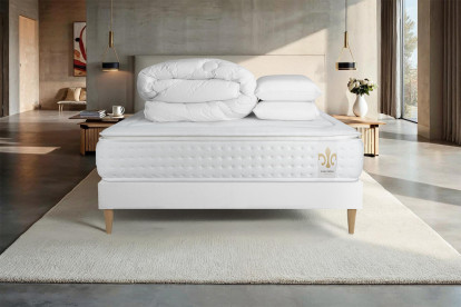 Pack lit complet 160x200 cm - Matelas + Sommier Blanc + 2 oreillers + Couette - Vingt-Quatre PLUS