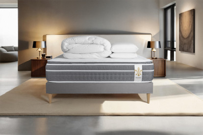 Pack lit complet 200x200 cm - Matelas + Sommier Gris (en kit) + 2 oreillers + Couette - Trente PLUS