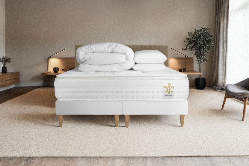 Pack lit complet 200x200 cm - Matelas + 2 Sommiers Blancs + 2 oreillers + Couette - Vingt-Huit PLUS