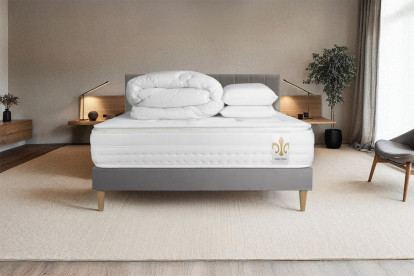 Pack lit complet 140x200 cm - Matelas + Sommier Gris (en kit) + 2 oreillers + Couette - Vingt-Huit PLUS