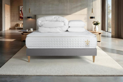 Pack lit complet 180x200 cm - Matelas + Sommier Gris (en kit) + 2 oreillers + Couette - Vingt-Quatre PLUS
