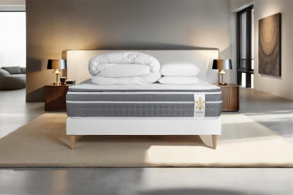 Pack lit complet 140x190 cm - Matelas + Sommier Blanc + 2 oreillers + Couette - Trente PLUS