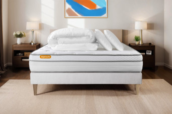 Pack lit complet 140x190 cm - Matelas + Sommier Blanc (en kit) + 2 oreillers + Couette - Memo Luxe Pack lit complet 140x190 cm - Matelas + Sommier Blanc (en kit) + 2 oreillers + Couette - Memo Luxe