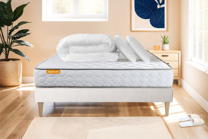 Pack lit complet 140x190 cm - Matelas + Sommier Blanc (en kit) + 2 oreillers + Couette - Memo