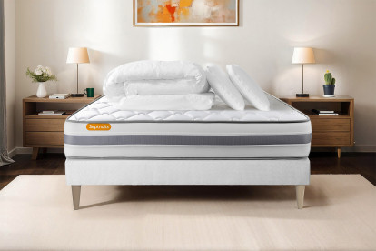 Pack lit complet 180x200 cm - Matelas + Sommier Blanc (en kit) + 2 oreillers + Couette - Memo Spring