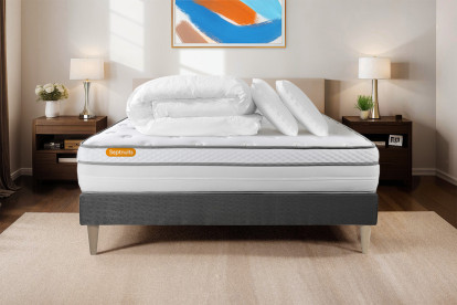 Pack lit complet 200x200 cm - Matelas + Sommier Gris (en kit) + 2 oreillers + Couette - Memo Luxe
