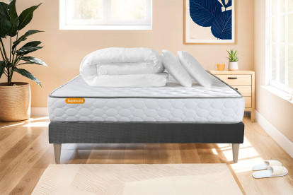 Pack lit complet 140x200 cm - Matelas + Sommier Gris (en kit) + 2 oreillers + Couette - Memo