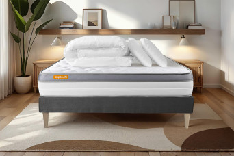 Pack lit complet 140x190 cm - Matelas + Sommier Gris (en kit) + 2 oreillers + Couette - Memo Zen Pack lit complet 140x190 cm - Matelas + Sommier Gris (en kit) + 2 oreillers + Couette - Memo Zen